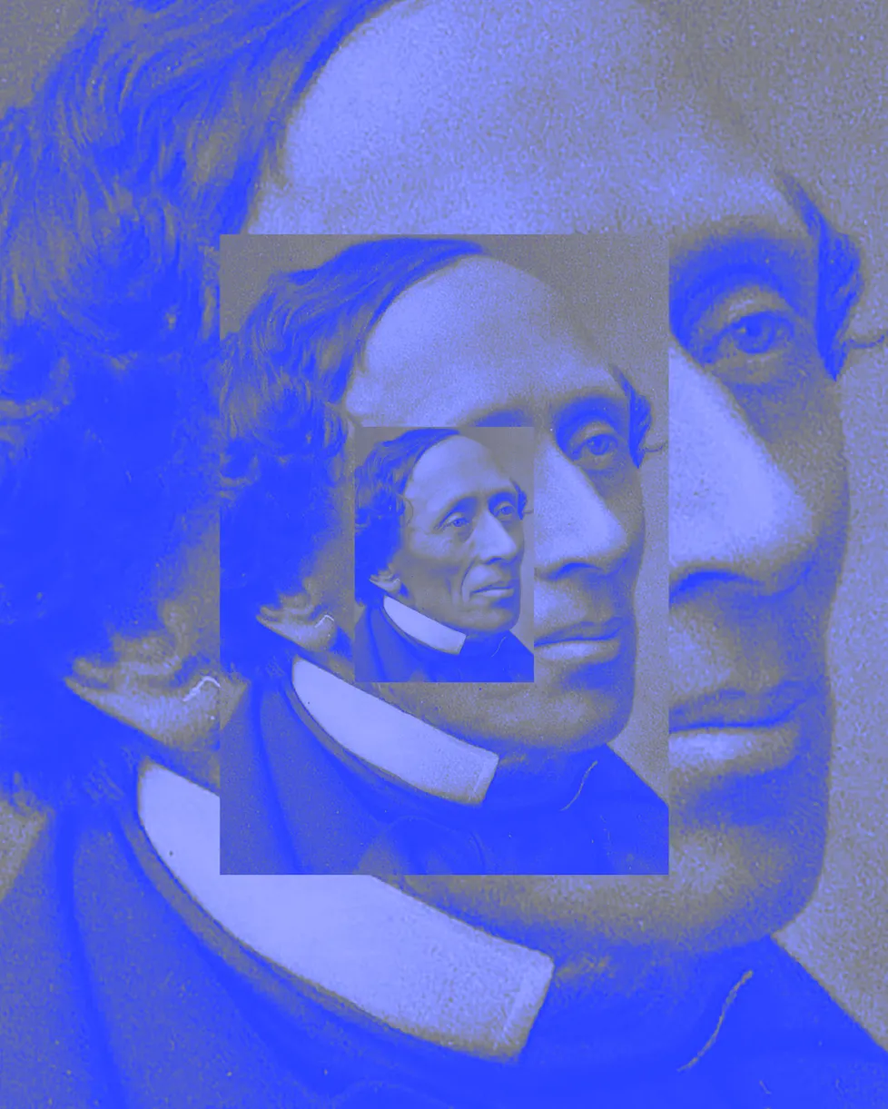 Billedecollage i blå toner af H.C. Andersen.
