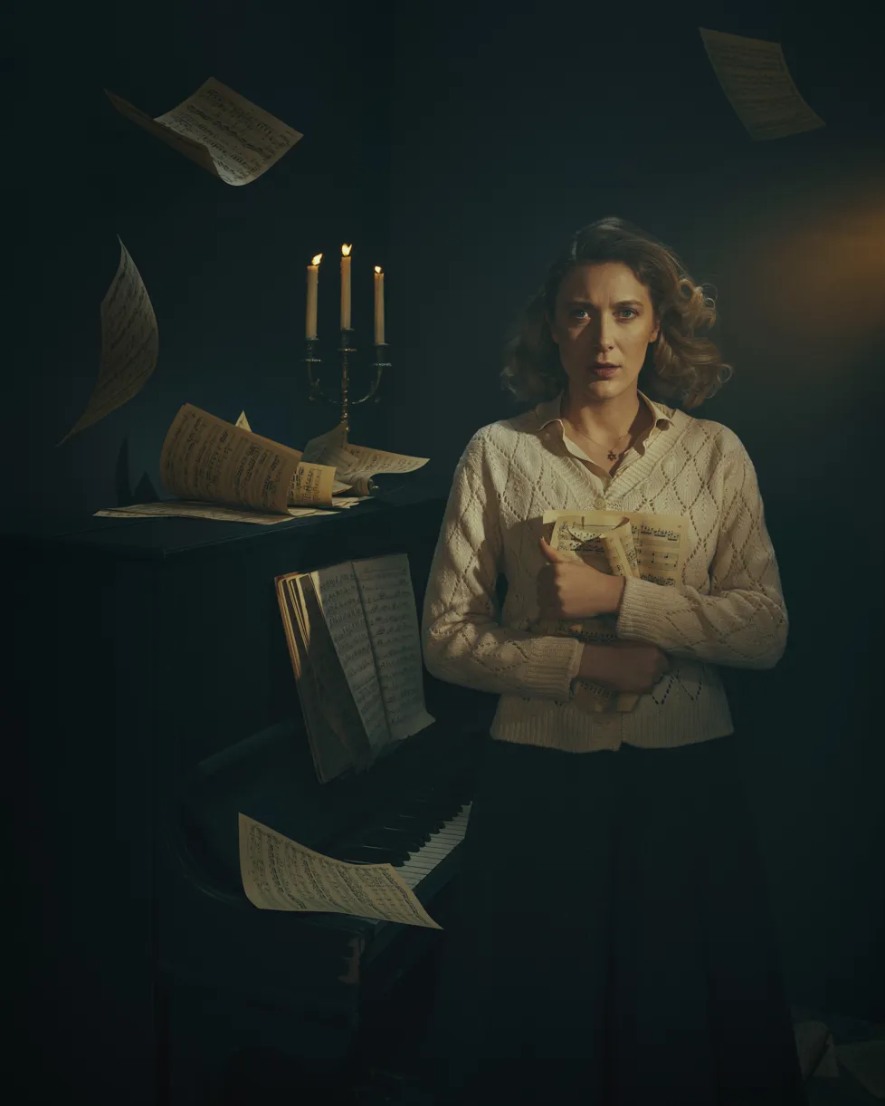 Kvinde ved siden af klaver knuger nodeark ind til brystet, billede fra forestillingen Annas sang på Odense Teater